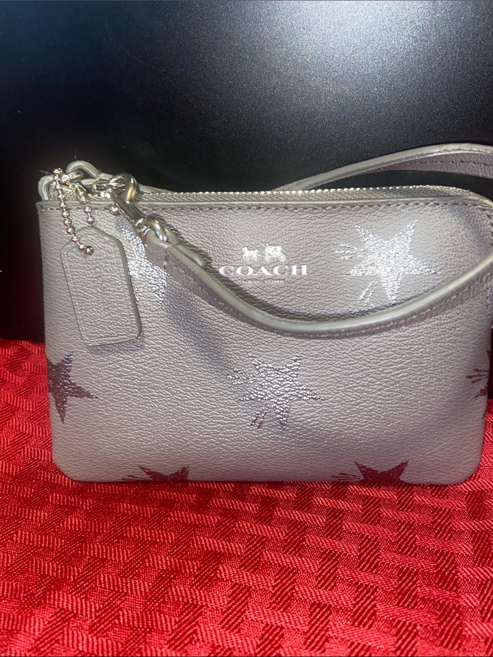 COACH Gray Star-Print Leather Wristlet with Wrist Strap
